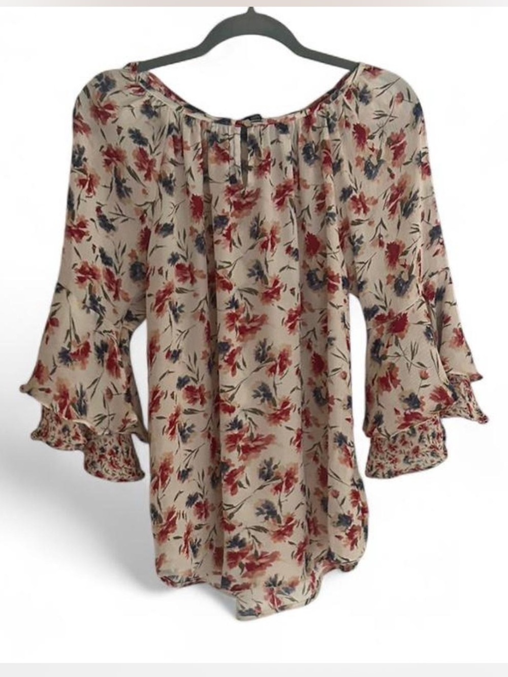 Chaps Women's Floral Chiffon Ruffle 3/4 Bell Sleeve Round Neck Blouse S/P